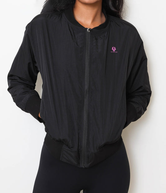 Black bomber jacket with a logo on a white background