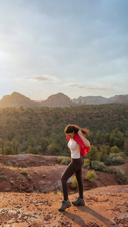 Person standing on a rocky outcrop with mountains in the background