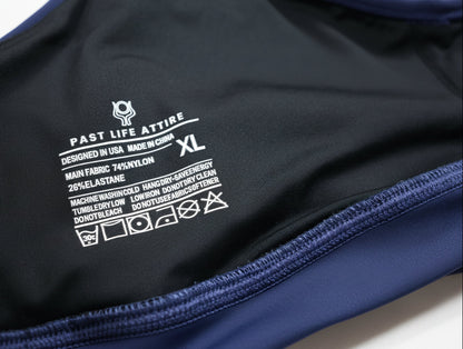 Black and blue garment with brand logo and text on a white background