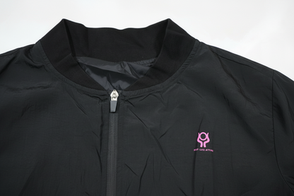 Black jacket with a pink logo on a white background